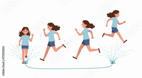 Joyful girl running through sprinklers, enjoying refreshing summer water play outdoors in a flat illustration style.