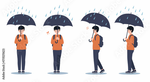 Young person with an umbrella in the rain, showing various poses and angles, illustrating protection from the weather elements.