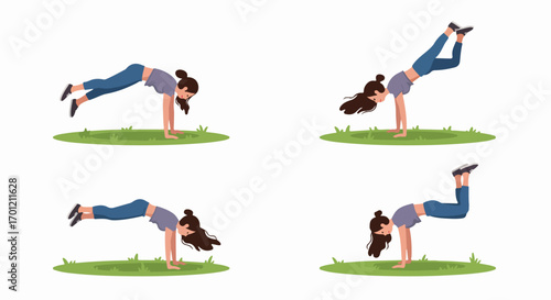 Female Athlete Demonstrating Fitness Exercises: Plank, Leg Raises, and Handstand Preparations on Grass. Workout and Calisthenics Routine for Strength and Balance.