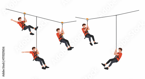 Multiple illustrations of a person enjoying the thrill of zip-lining, an exciting outdoor adventure activity with safety gear, depicted on a clean white background.