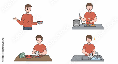 Man's household chores sequence: cooking, serving, and washing dishes, depicting home life in a simple illustration.