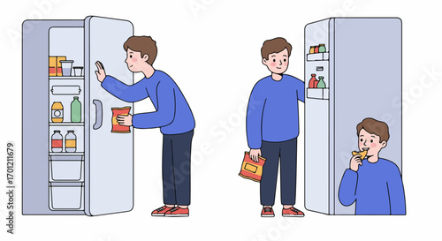 Young man opens refrigerator, takes out a snack, and eats it in a daily life scene.
