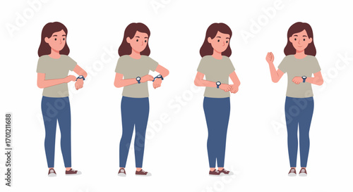 Young woman checking her wristwatch in various poses, illustrating time management, punctuality, and waiting concepts.