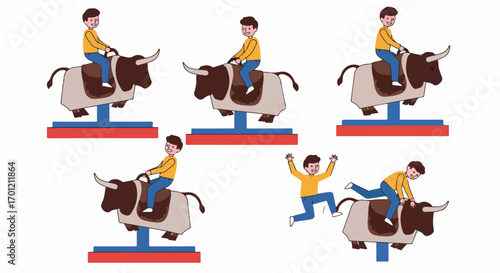 A man's journey on a mechanical bull, from successful riding to being thrown off, capturing the excitement and challenge of this popular rodeo amusement.
