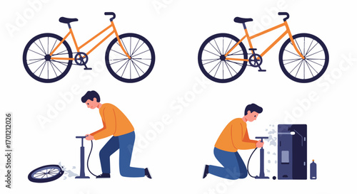 Bicycle tire inflation methods: A person uses a manual hand pump for a detached flat tire and an automatic air station for a bike wheel.