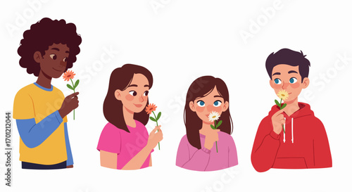 Happy diverse children and teens smelling flowers, celebrating nature, spring, and the simple joys of life.