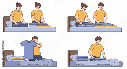 Cartoon illustration depicting individuals diligently folding laundry on a bed, a guide to efficient household chores and home organization.