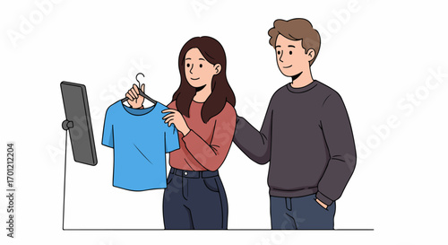 Happy couple shopping for clothes, the woman presents a blue t-shirt to her partner, looking for his approval in a retail store.