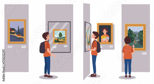 Young man admiring diverse artworks in a modern art gallery, exploring paintings and exhibits in a cultural and educational setting.