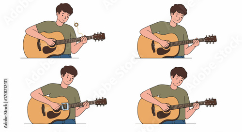 Man playing acoustic guitar: broken string, capo use, and continuous playing illustrated in a sequential series.