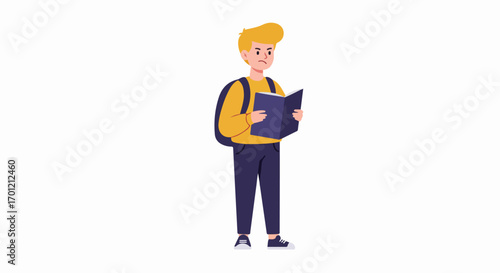 Young student with a backpack reading a book, showing a confused or thoughtful expression on a white background, flat illustration.