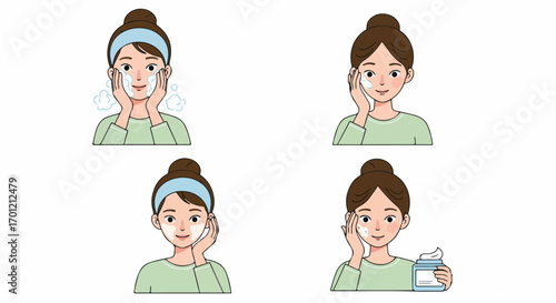 Woman's Daily Skincare Routine: Cleansing, Moisturizing, and Applying Facial Treatments for Healthy, Radiant Skin, Illustrated Steps.