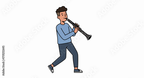 Cartoon illustration of a young man playing a clarinet, depicted with an undercut hairstyle and casual attire, performing a musical piece.