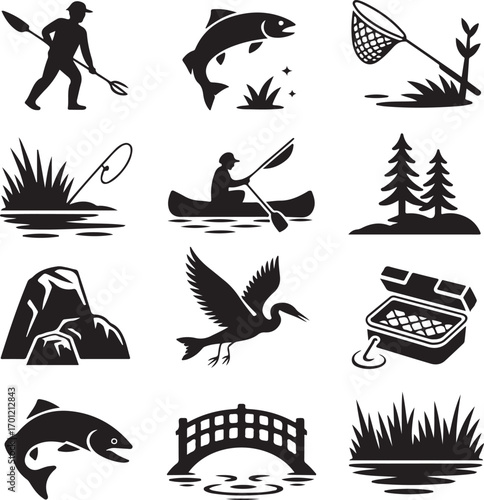 Fishing and Outdoor Recreation Icons Silhouette Collection Keywords: fishing, angler, spear, fish
