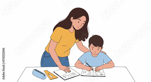 Mother helping child with homework, illustrating learning support, family education, and academic assistance at home in a simple, engaging illustration.