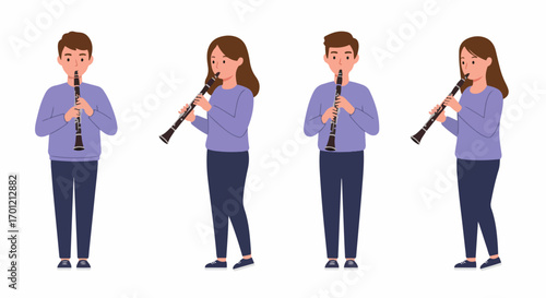 Diverse cartoon characters playing clarinets: men and women in casual attire demonstrating musical instrument performance on a white background.