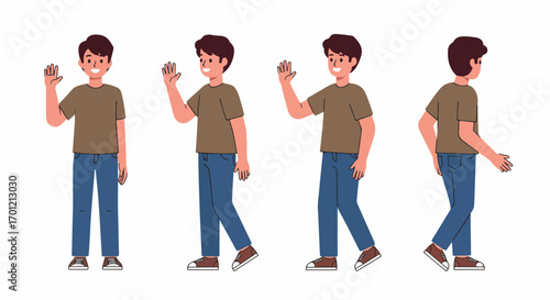 Happy Young Man Waving and Walking Poses Illustration