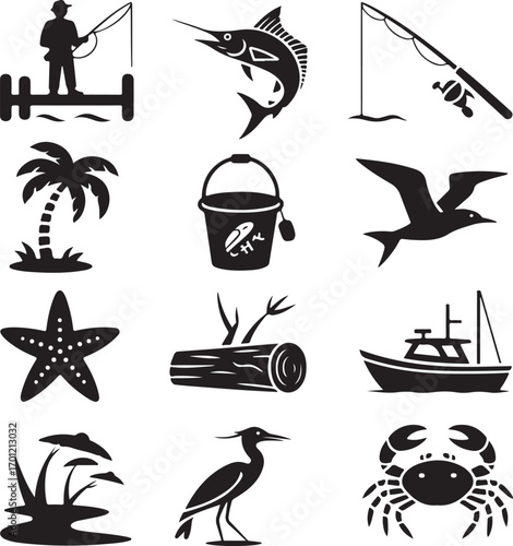 Ocean and Fishing Icons Silhouette Collection Keywords: fishing, angler, pier, dock, fish, marlin