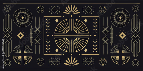 Elegant art deco geometric pattern with gold lines on black background decorative design elements