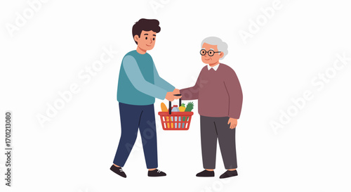 A kind young man helps an elderly woman with her groceries, symbolizing intergenerational support, community care, and compassionate assistance in daily life.