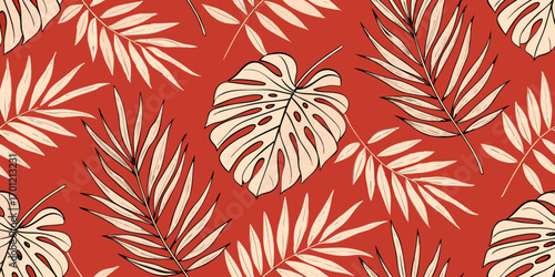 Seamless pattern of monstera and palm leaves in a warm terracotta red background with cream colored foliage