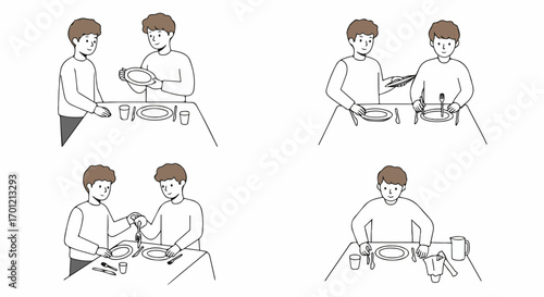 Two Young Men Collaboratively Setting a Dining Table with Plates and Cutlery, Demonstrating Proper Place Setting Etiquette.