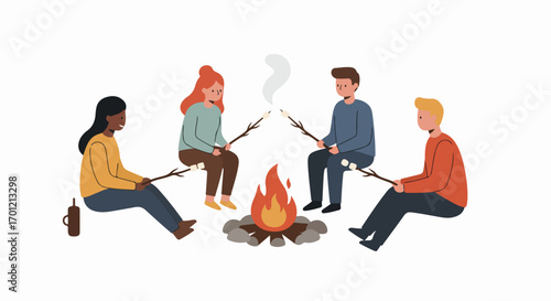 Diverse friends roasting marshmallows around a campfire, enjoying a cozy outdoor evening together.