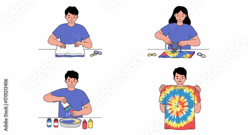 Step-by-step guide to making a vibrant tie-dye t-shirt, illustrating the creative DIY craft process for colorful fashion.