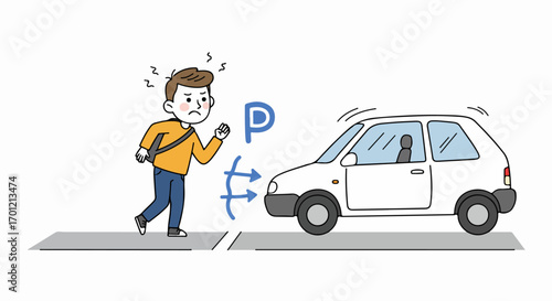 Annoyed man attempts to parallel park a car, showing common urban driving stress and parking difficulties in a busy environment.