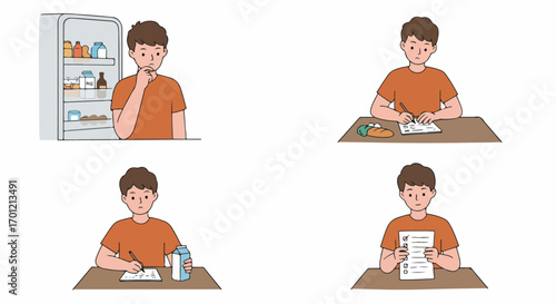 Young man planning grocery shopping and making a food list from his refrigerator, illustrating thoughtful meal preparation and organization.