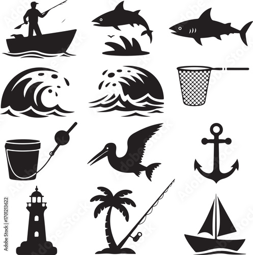 Collection of Fishing and Nautical Icons in Silhouette boat fisherman