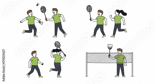 Playful cartoon of men and women enjoying a game of badminton, showcasing active leisure and sport.