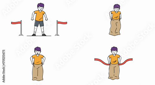 Cartoon boy participates in a sack race, from the start line, preparing, to crossing the finish line, illustrating fun, competition, and victory.