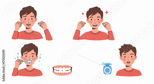 Illustration of a young man demonstrating proper oral hygiene, including flossing and brushing for healthy, clean teeth, emphasizing a daily dental care routine.
