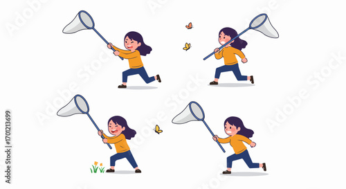 A lively cartoon girl joyfully running and trying to catch colorful butterflies with a net, illustrating childhood fun and outdoor adventure.