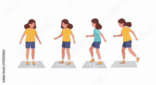 Girl playing hopscotch: a sequence of flat illustrations depicting various stages of the classic outdoor children's game, focusing on movement and active fun.