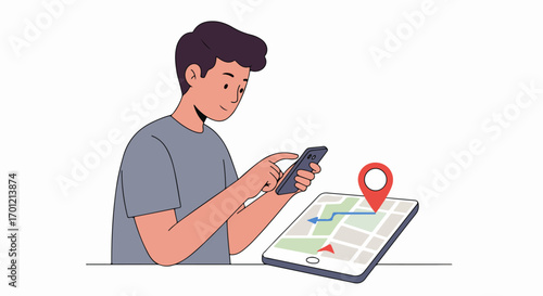 Young man using smartphone to plan a journey, with a digital map displayed on a tablet, showcasing modern navigation and location services.