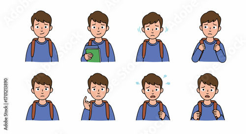 Student Anxiety and Stress: A Collection of Worried Boy Expressions Depicting School Challenges and Emotional Distress