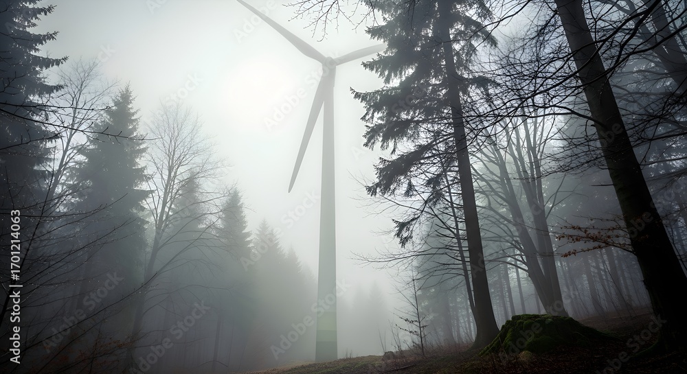 Naklejka premium Eerie wind turbine rises through misty forest creating renewable energy in a moody landscape scene