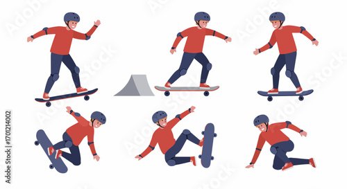 Vector Illustrations of a Young Skateboarder Demonstrating Various Tricks and Poses with Safety Gear on a White Background