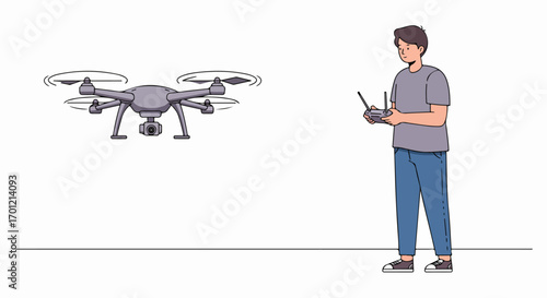 Young Man Piloting a Modern Drone with Remote Control for Aerial Exploration and Photography