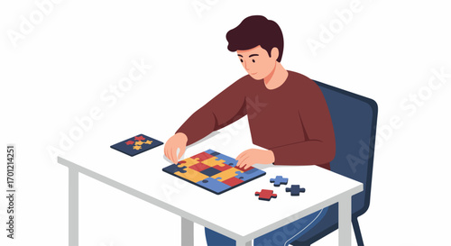 Young man focused on solving a colorful jigsaw puzzle at a table, enjoying a challenging brain game and leisure activity.