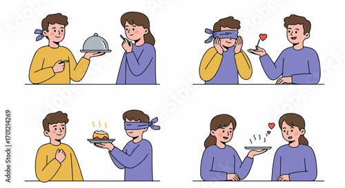 Illustrations of blindfolded people experiencing surprising culinary delights and heartfelt gestures, emphasizing sensory experiences, the joy of giving and receiving, and connection.