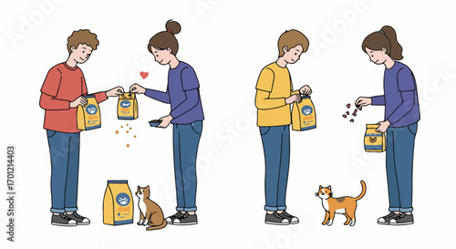 People feeding their cats with dry food and treats, illustrating pet care, nutrition, and the loving bond between owners and their feline companions.