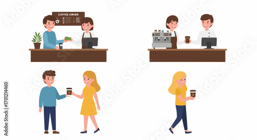 Illustrations of people buying and enjoying coffee. Scenes include customers interacting with baristas, ordering, receiving, and drinking coffee, depicting daily coffee shop experiences.