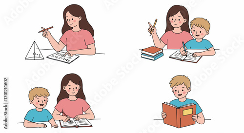 Woman and Boy Learning Together: Illustrations of Tutoring, Homework, and Reading for Child Development