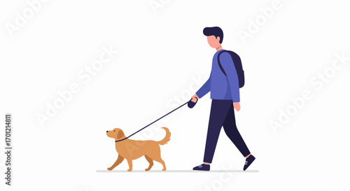 A man with a backpack walking his golden retriever on a leash. Flat vector illustration of a pet owner enjoying a stroll with his dog.