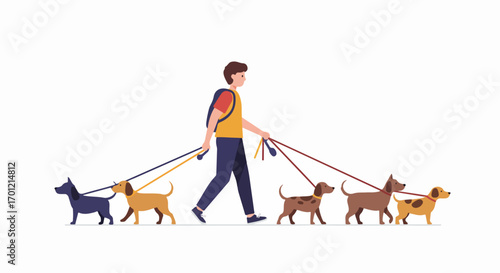 A professional dog walker takes five diverse dogs for a leisurely stroll, showcasing reliable pet care services and outdoor activity.