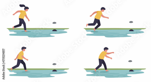 People enjoying the simple pleasure of skipping stones across the water's surface, a timeless outdoor recreational activity.