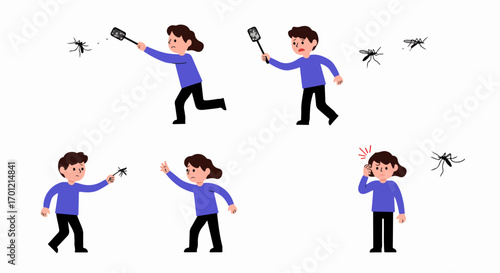 A person's struggle against mosquitoes, illustrating pest control, electric swatter use, and the annoyance of insect bites.